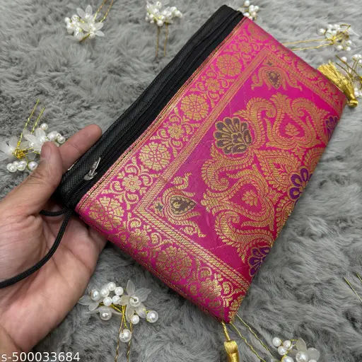 Rani Pink Banarasi Silk Wallet Purse for Women 004